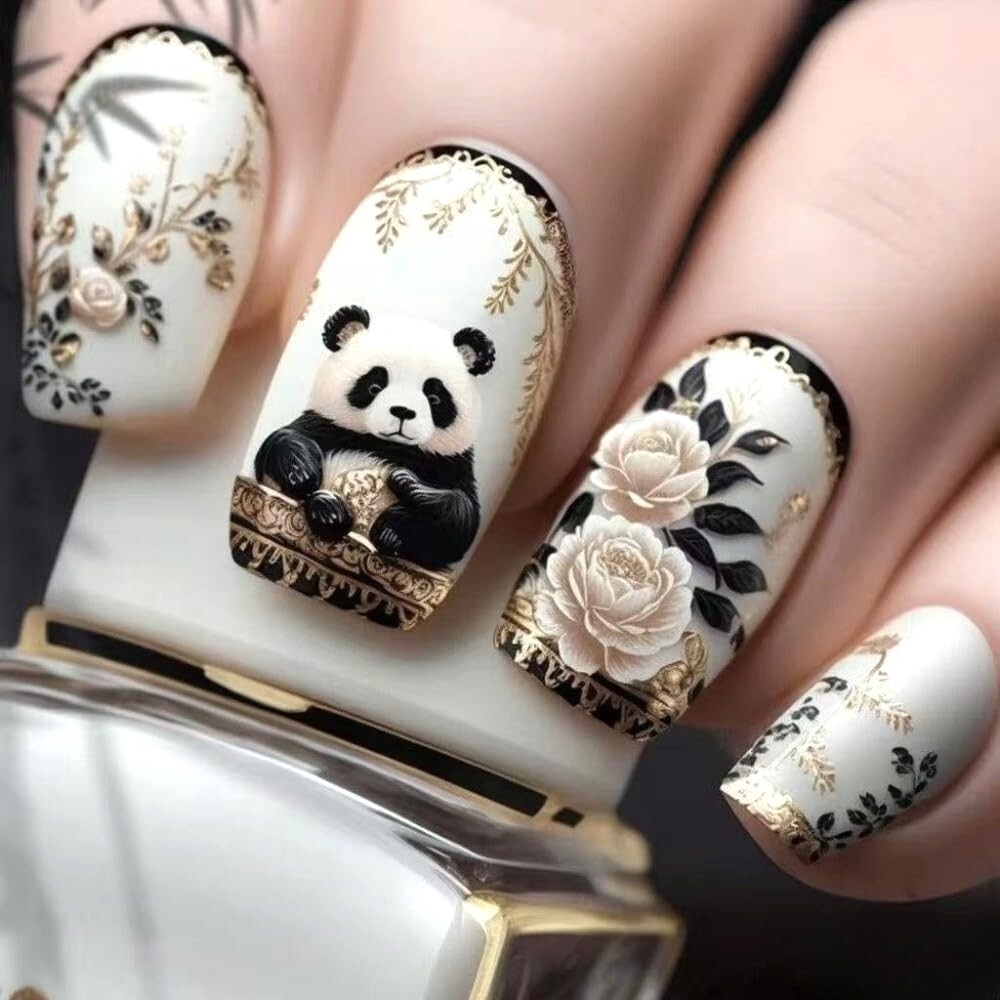Floral Panda Nails